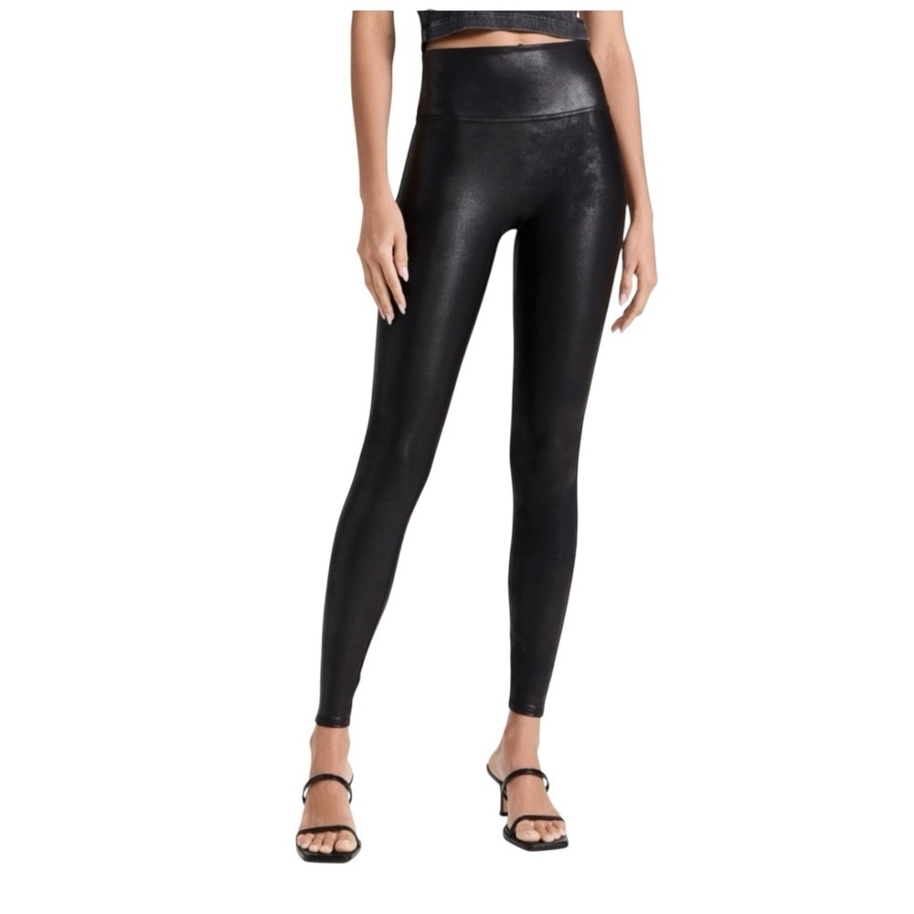 SPANX Black Faux Leather Black Leggings Women’s Size Large Sara Blakley